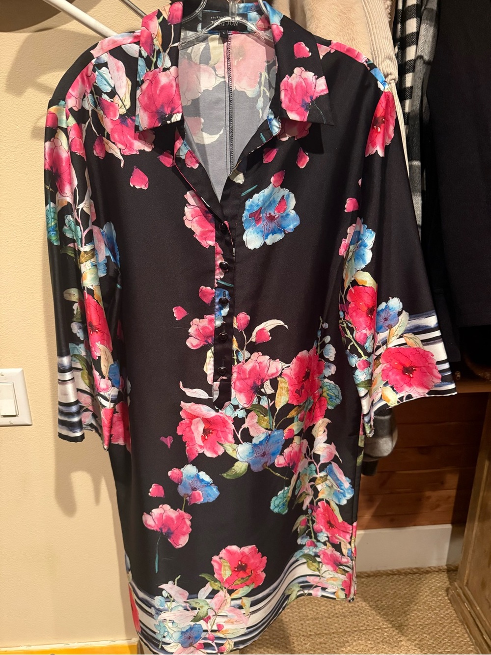 Teri Jon Black Tunic with Pink & Blue Floral Print